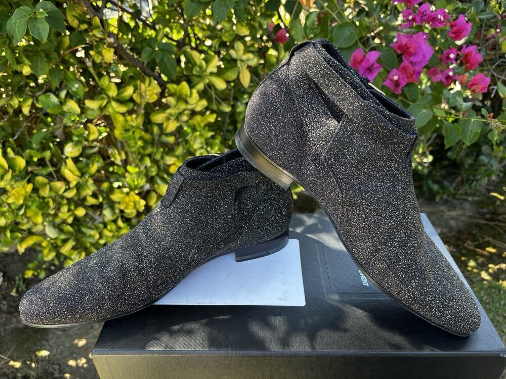 Saint Laurent Paris Hedi Slimane Gold Glitter Short Jodhpur Boots Black Sz 40